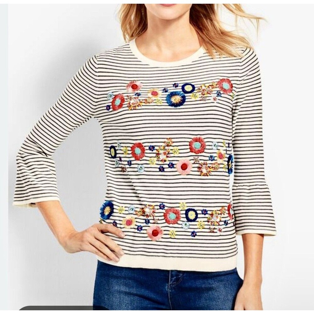 Talbots Sweater White Stripe Bell Sleeve Embellished Embroidered Floral Womens L